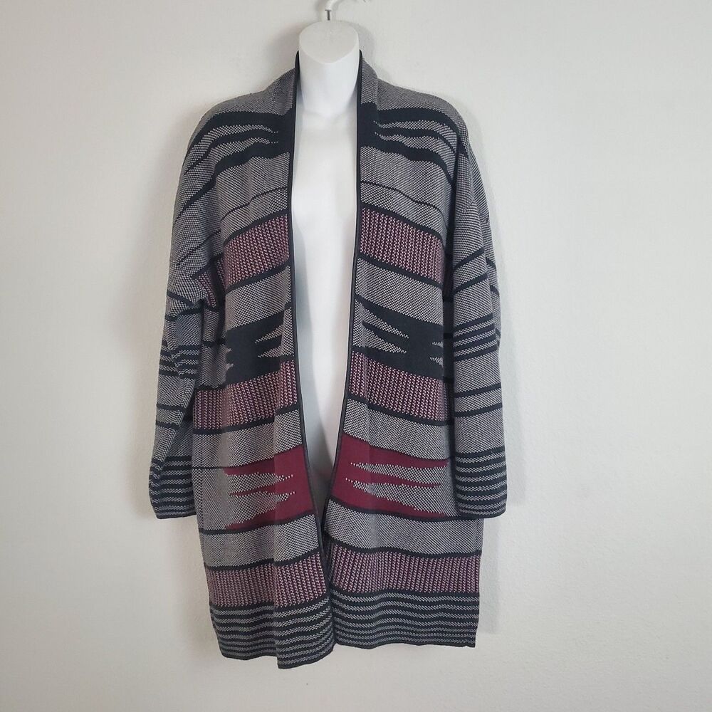 Margaret O'Leary Cardigan Sweater Small Gray Striped Long Line Pique Knit Cozy